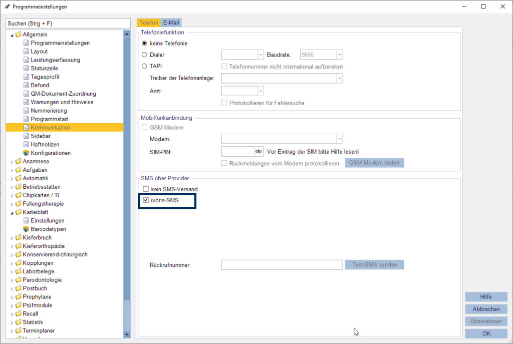 SMS-Versand Einstellungen ivoris